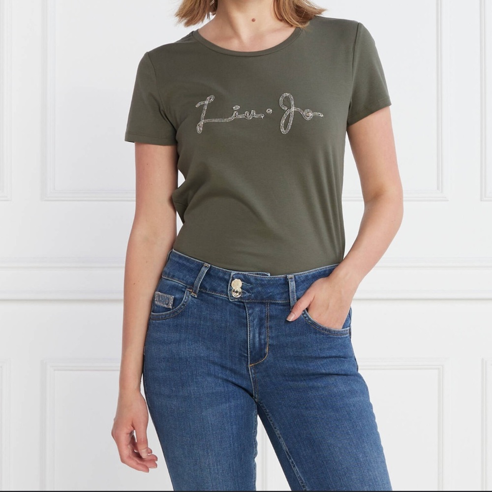 LIU JO Short Sleeve T-Shirt Khaki Green Logo Cotton Blend Size S